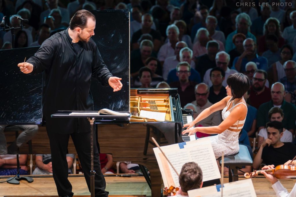 Yuja Wang performs Beethovens Piano Concerto No. 1 with Andris Nelsons leading the BSO at Tanglewood July 15, 2018; Chris Lee photo.