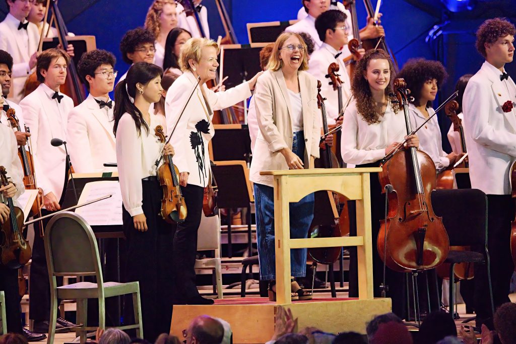 Marin Alsop shares podium with Anna Clyne, Aug. 16, 2026; Hilary Scott/BSO photo.