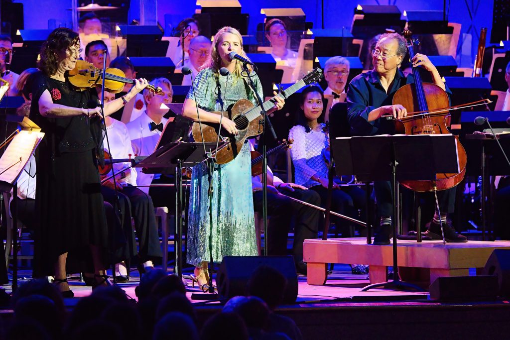 Bonnie Bewick, Aoife O'Donovan & Yo-Yo Ma perform at Tanglewood, Aug. 8, 2026; Hilary Scott/BSO photo.